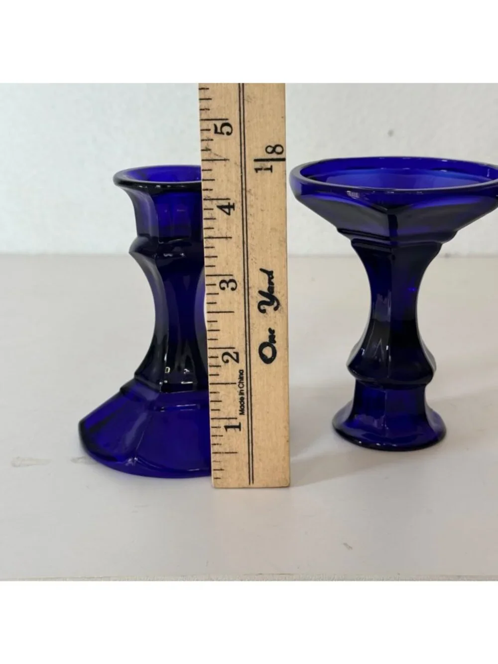 Vintage Blue Glass Candlestick Holders Set of 2 Romantic Cobalt Taper Candle MCM